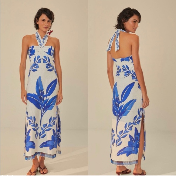 FARM Rio Dresses & Skirts - FARM Rio White Maxi Dress w/Bold Blue Floral Print Medium Like NEW! 100% Linen.